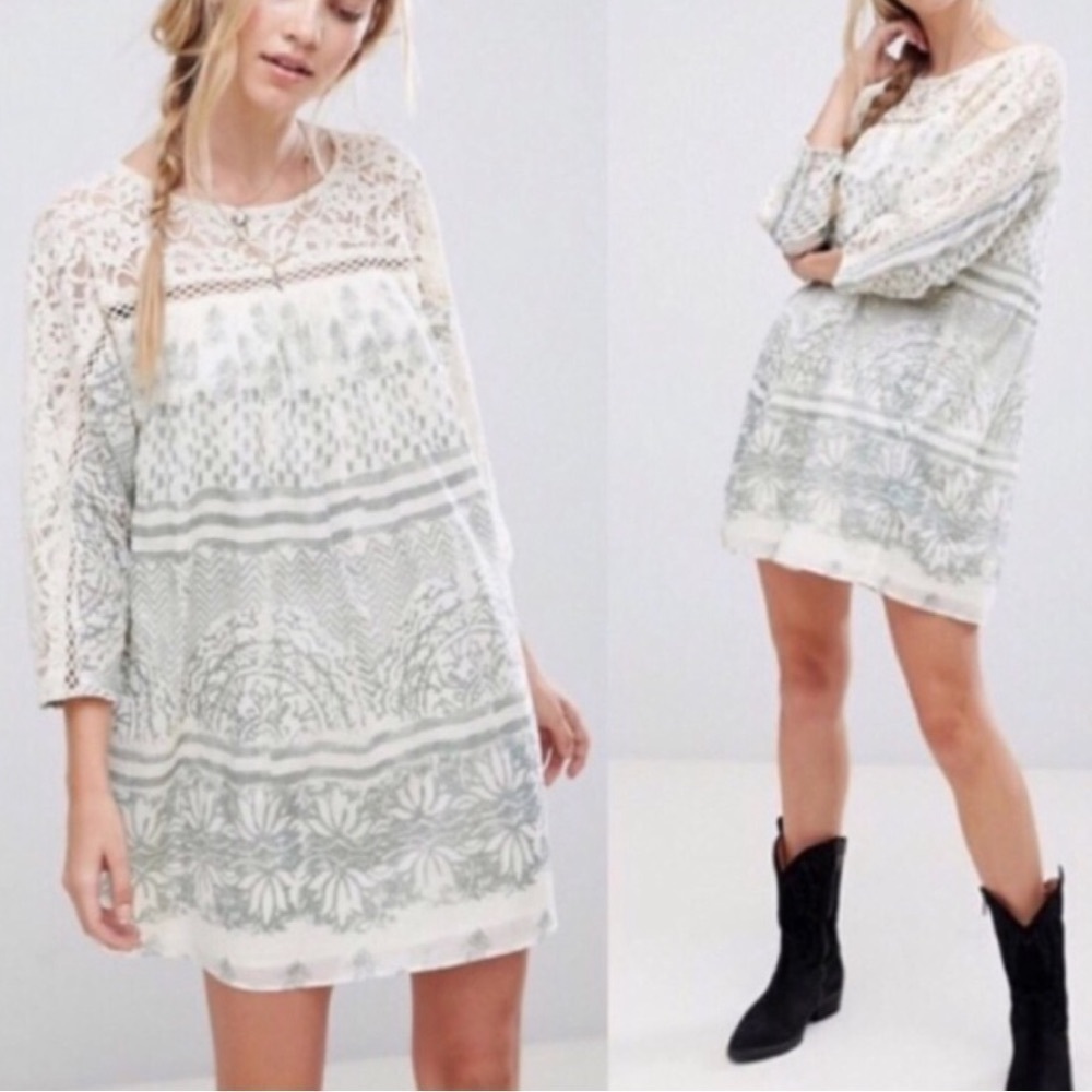 Free People Sun Daze NWT Sage Ivory Lace Panel Shift Printed Lined Tunic Dress S - Picture 4 of 8